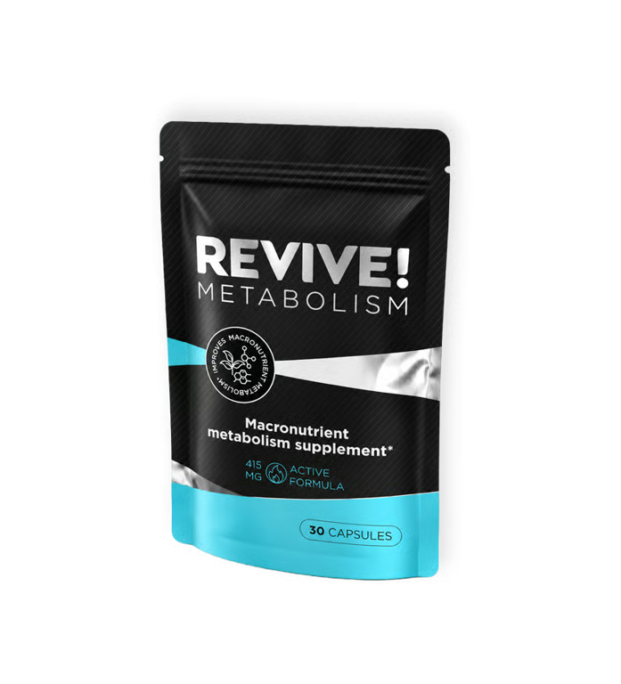Revive Metabolism black and aqua pouch, 415 mg active formula, 30 capsules