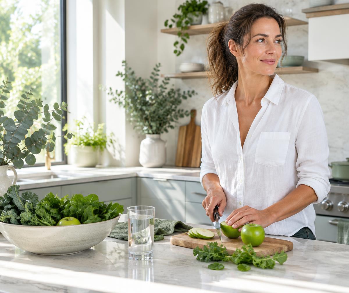 A woman preparing fresh apples and greens as part of a balanced morning routine